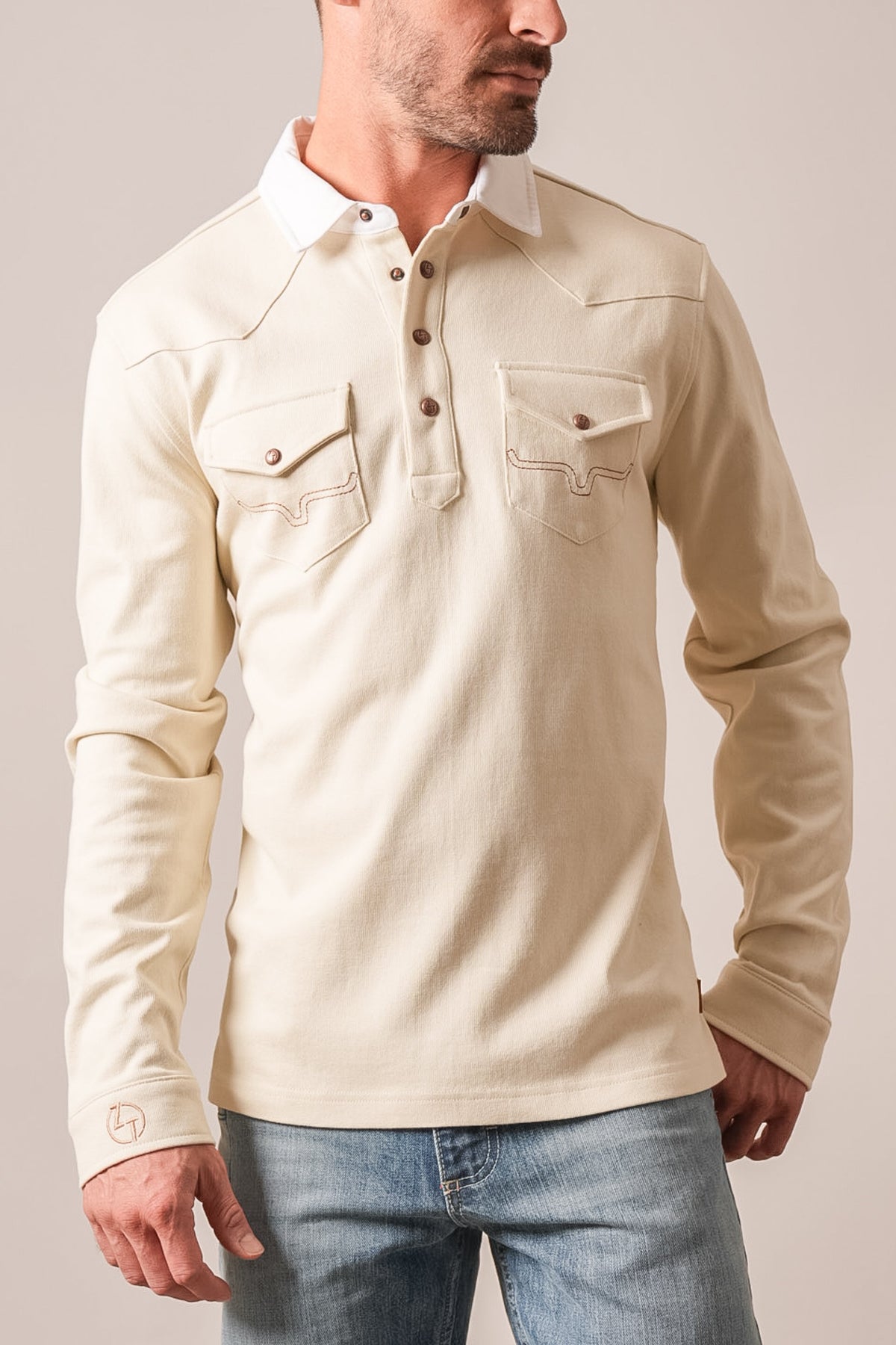 Kimes Ranch ZT Rugger polo in natural, long sleeve, western yoke, two chest pockets with embroidery