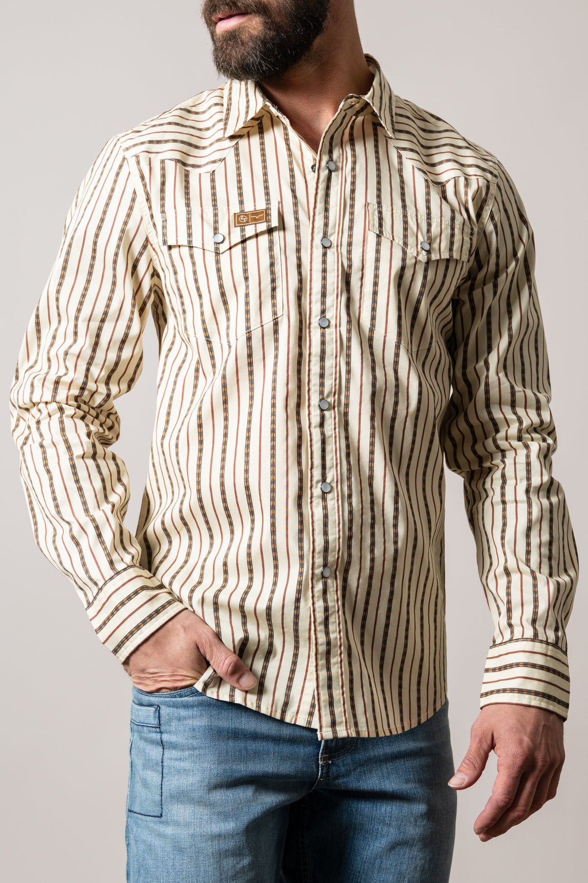 Kimes Ranch ZT Solano dress shirt in Natural, featuring vertical stripes and two chest pockets with button closures