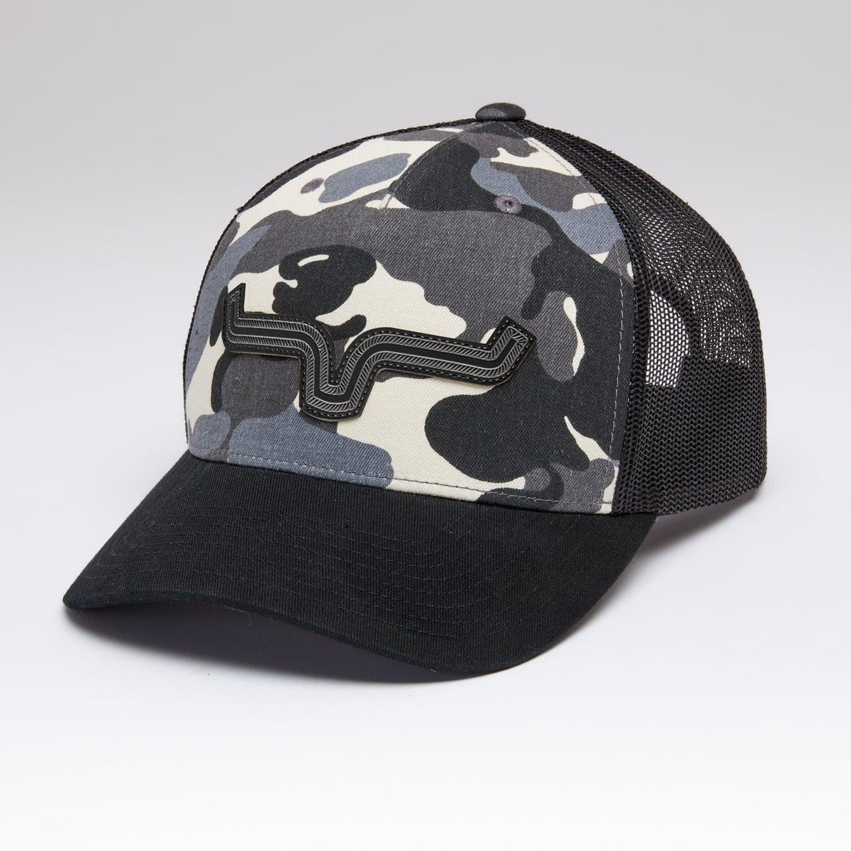 New Custom Designed Gray & Tan Mesh Trucker Hat with White Abstract Heart Cobra C112F Custom Charcoal & White Trucker Hat  main image 4